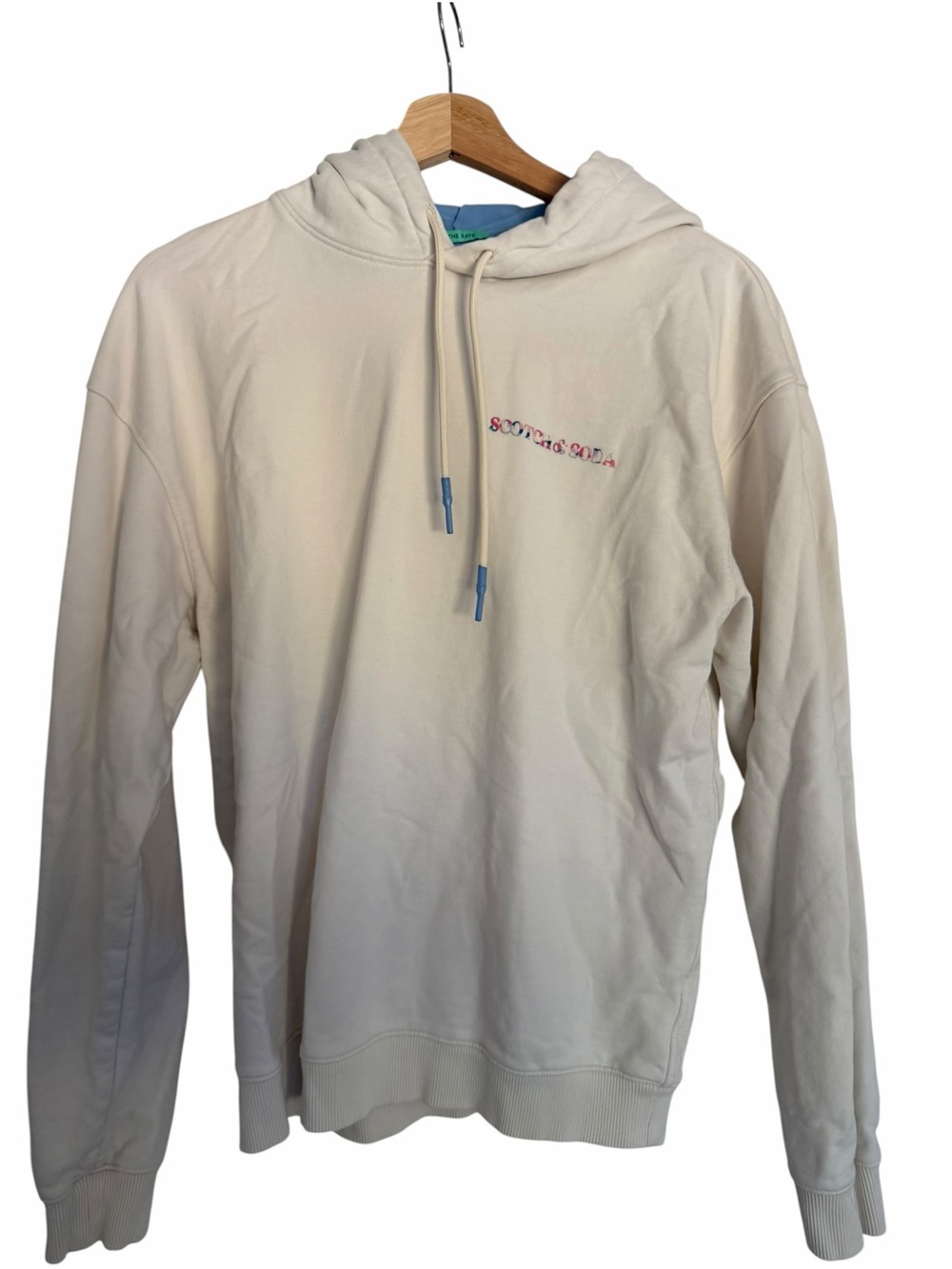Scotch & Soda Mens Medium Cream Hoodie Embroidered Logo Blue Catch the Rays